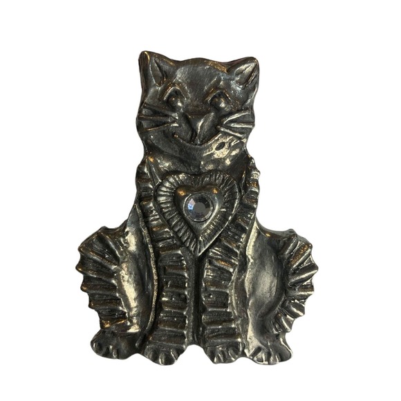 CHICOS Silver Tone Cat Broach Womens Pin Kitten Clear Round Rhinestone Feline - Picture 2 of 7